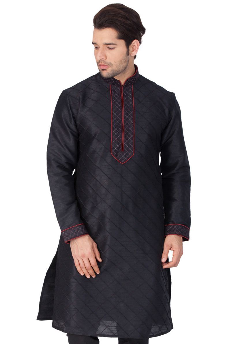 Men's Black Cotton Silk Blend Kurta