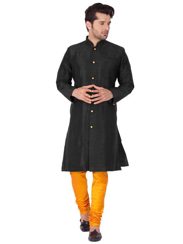 Men's Black Cotton Silk Blend Sherwani Set - Vastramay