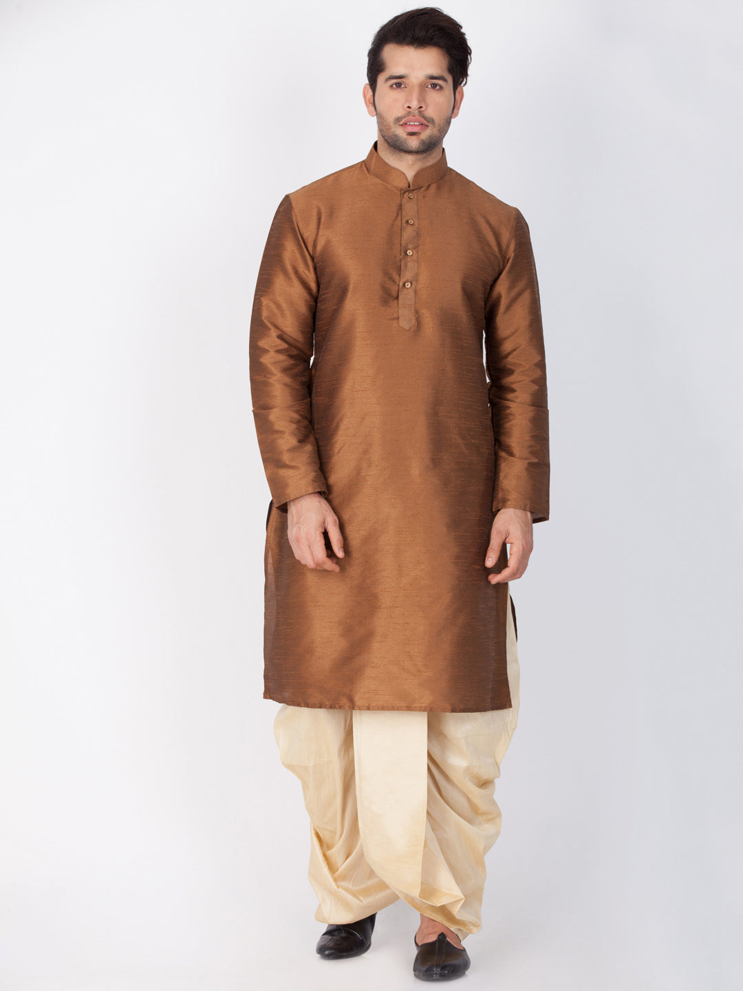 Men's Brown Cotton Silk Blend Kurta and Dhoti Pant Set