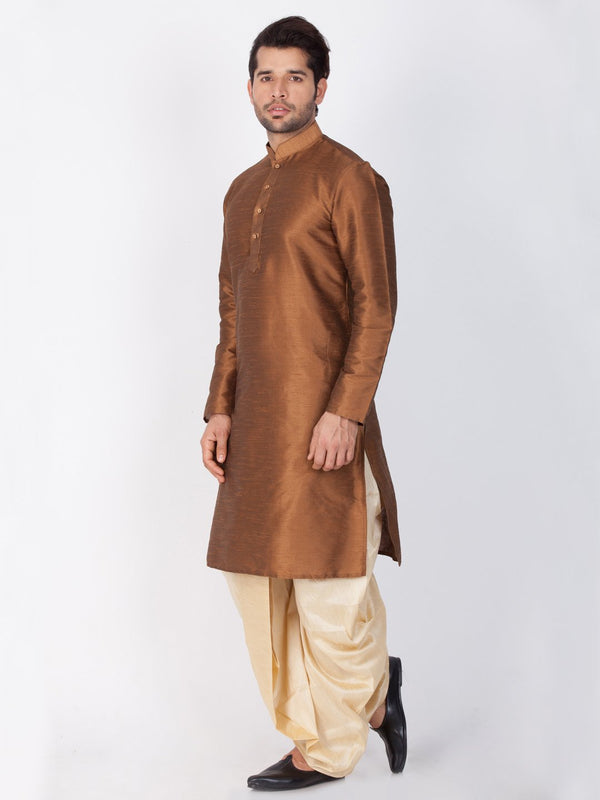 Men's Brown Cotton Silk Blend Kurta and Dhoti Pant Set - Vastramay