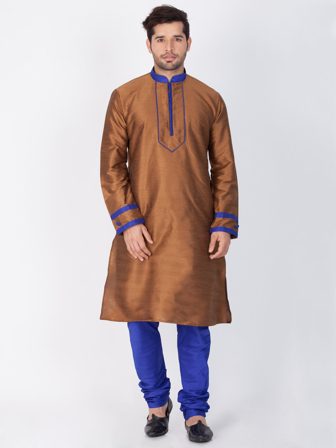 Men's Brown Cotton Silk Blend Kurta and Pyjama Set