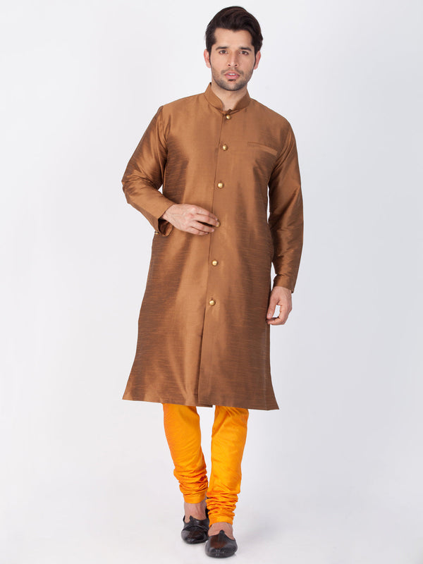 Jashvi Men's Brown Cotton Silk Blend Sherwani Set