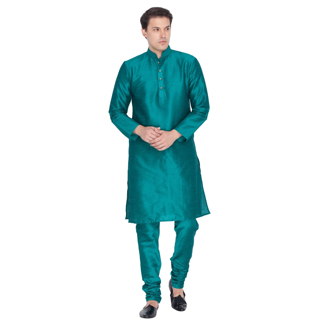 Men's Green Cotton Silk Blend Kurta and Pyjama Set