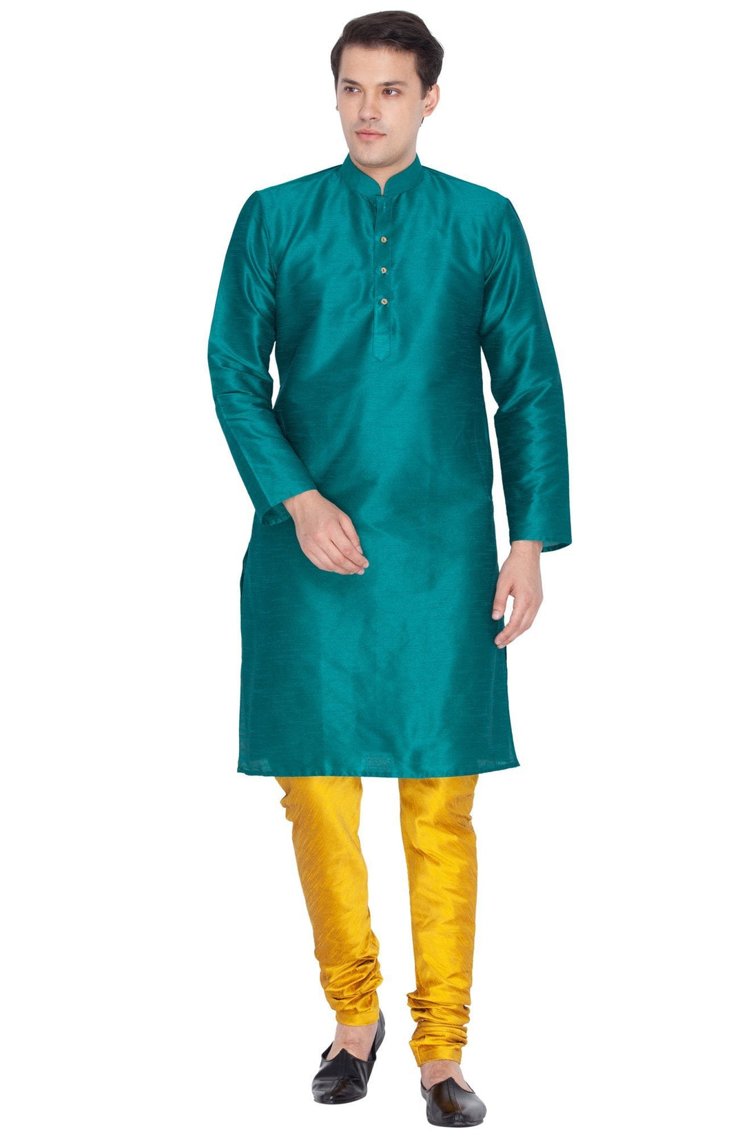 Men's Green Cotton Silk Blend Kurta and Pyjama Set