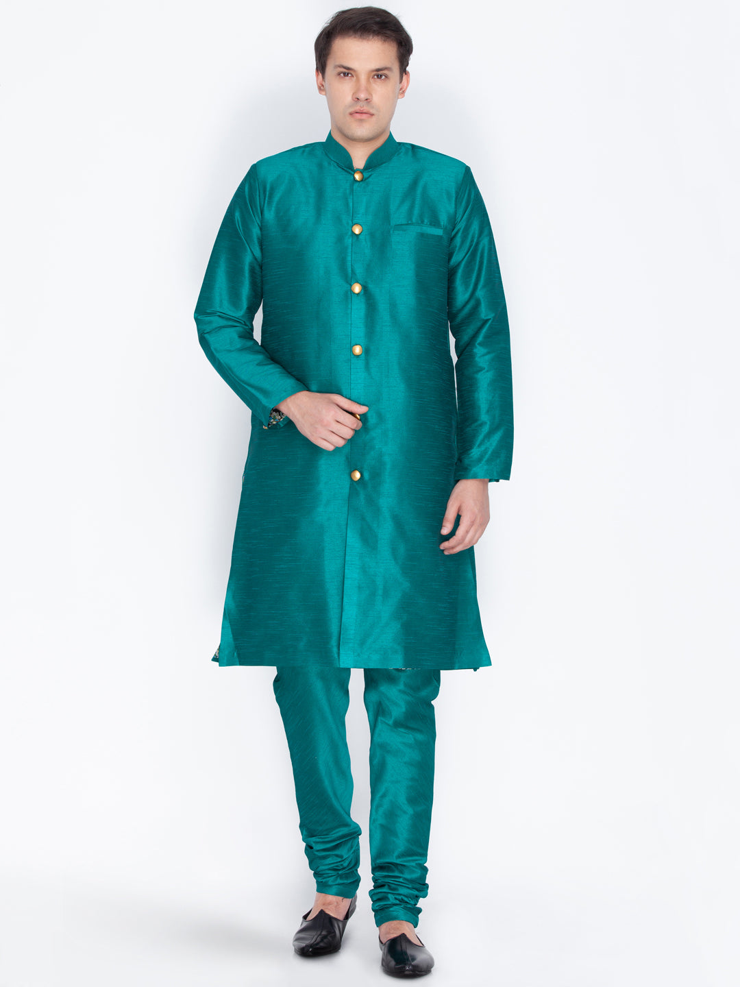 Men's Green Cotton Silk Blend Sherwani Set