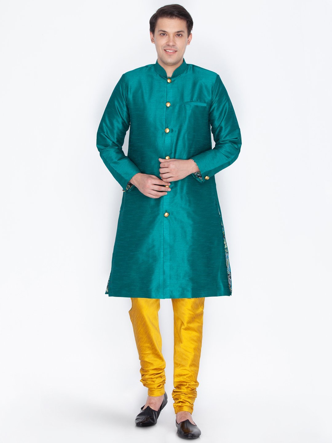 Men's Green Cotton Silk Blend Sherwani Set