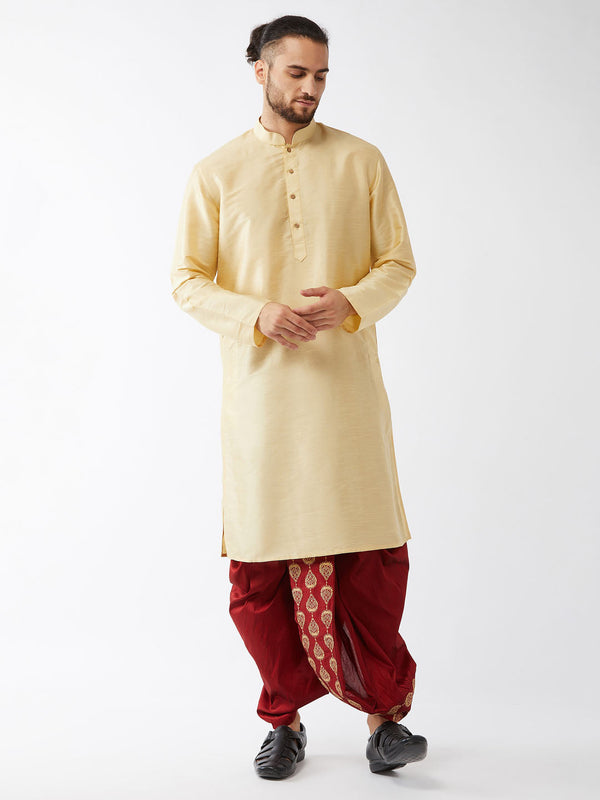 Jashvi Men's Gold And Maroon Cotton Silk Blend Kurta And Dhoti Set