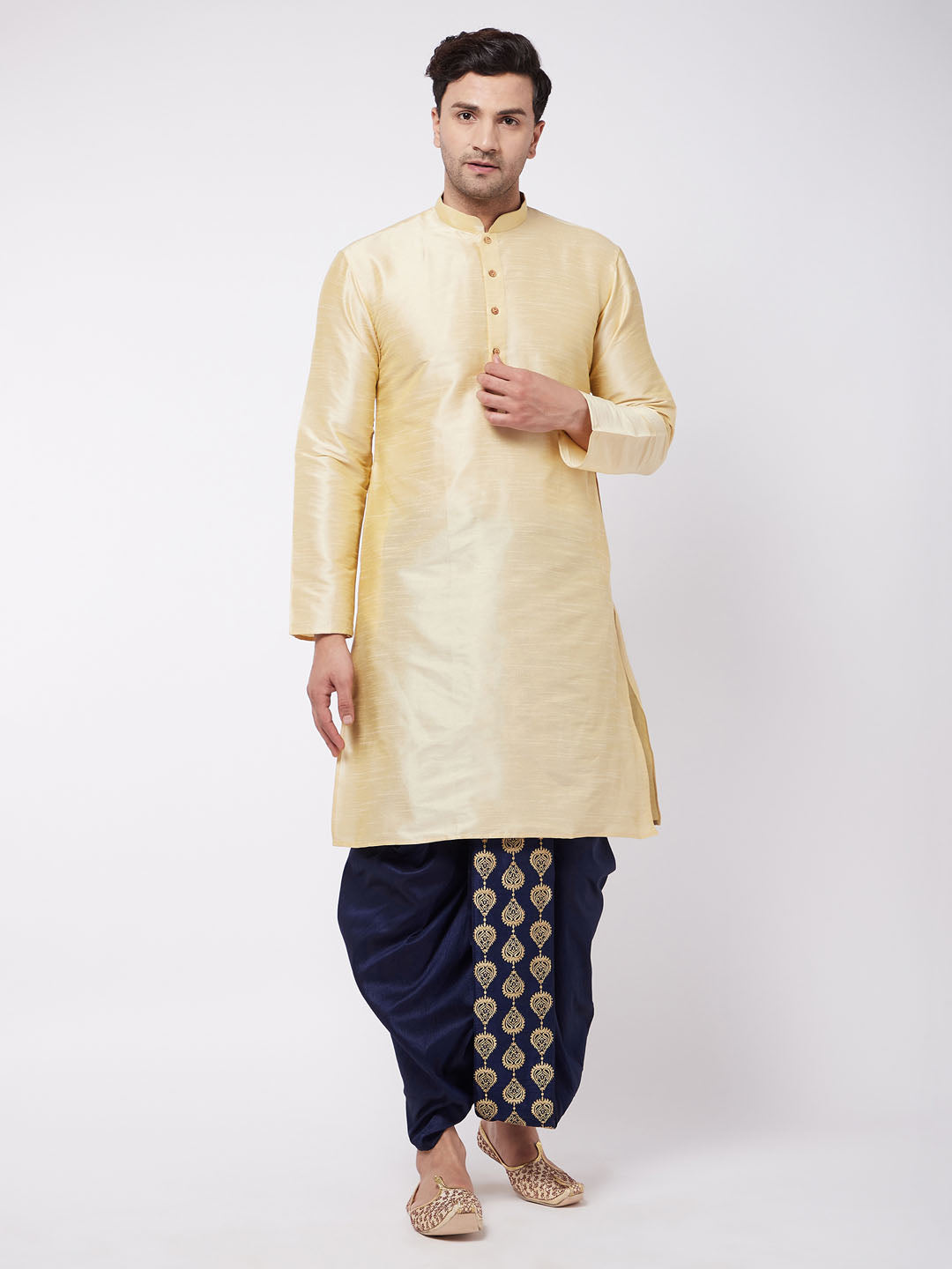 Men's Solid Kurta And Embroidered Traditional Dhoti Set - Vastramay