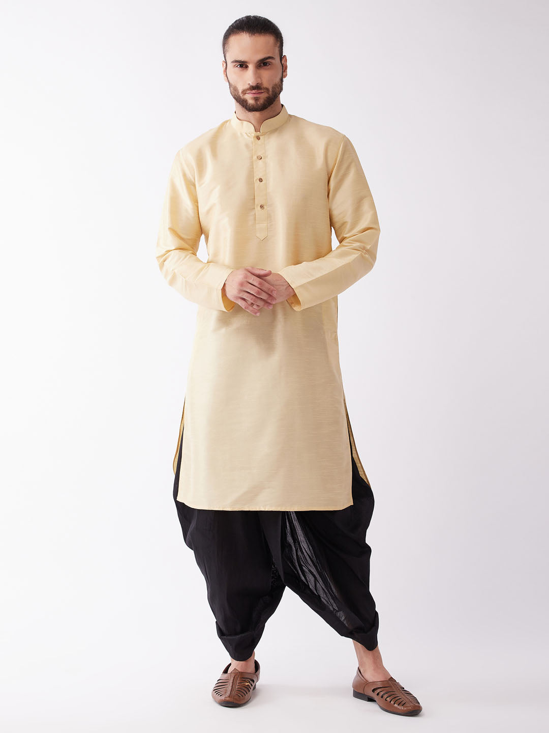 Men's Gold Silk Blend Kurta And Dhoti Set - Vastramay