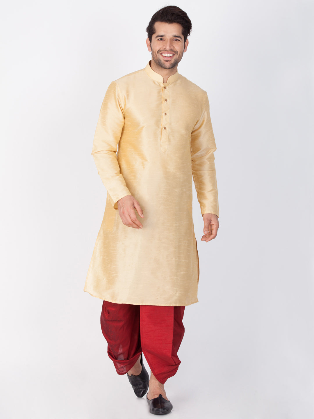 Men's Gold Cotton Silk Blend Kurta and Dhoti Pant Set