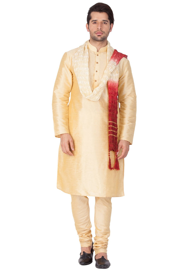 Men's Gold Cotton Silk Blend Kurta, Pyjama & Dupatta Set - Vastramay