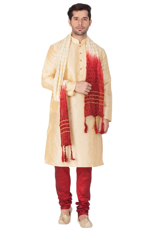 Men's Gold Cotton Silk Blend Kurta, Pyjama & Dupatta Set - Vastramay