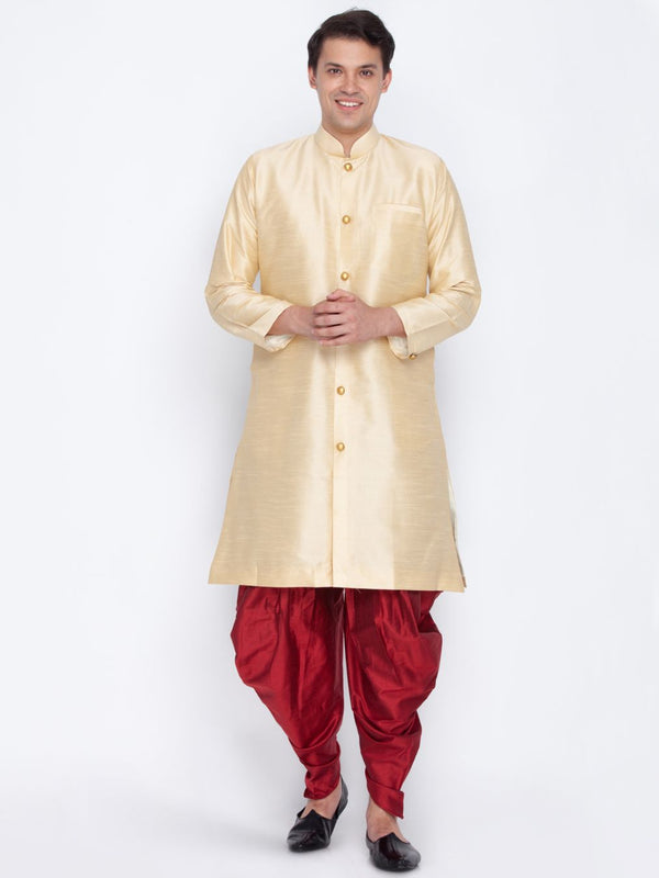 Jashvi Men's Gold Cotton Silk Blend Sherwani Set