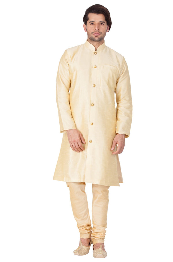 Men's Gold Cotton Silk Blend Sherwani Set - Vastramay