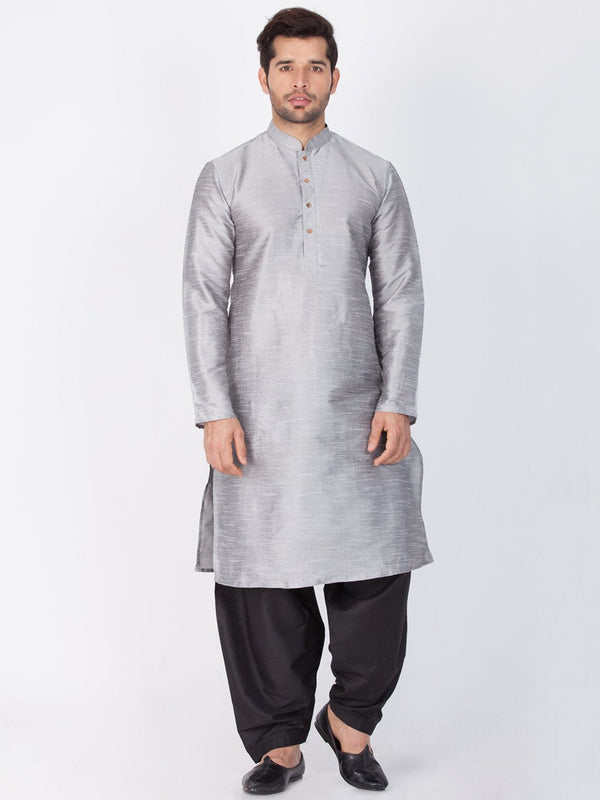 Men's Grey Cotton Silk Blend Kurta and Dhoti Pant Set - Vastramay