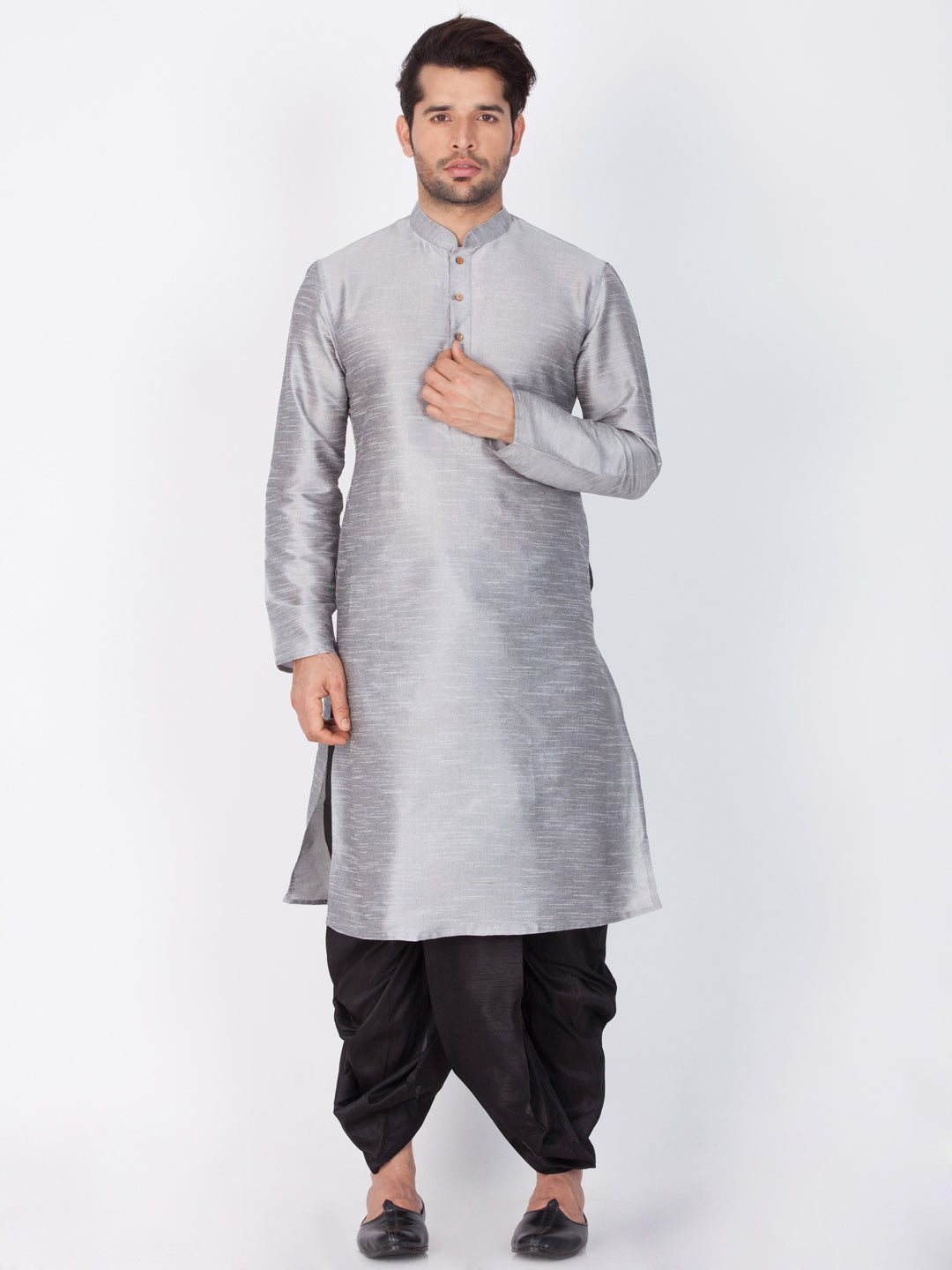 Men's Grey Cotton Silk Blend Kurta and Dhoti Pant Set