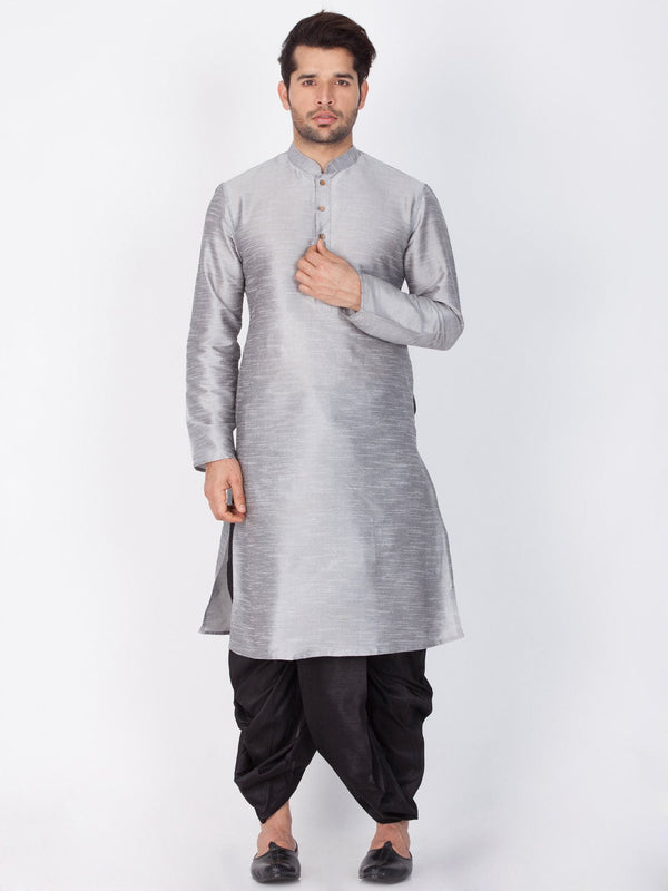 Men's Grey Cotton Silk Blend Kurta and Dhoti Pant Set - Vastramay