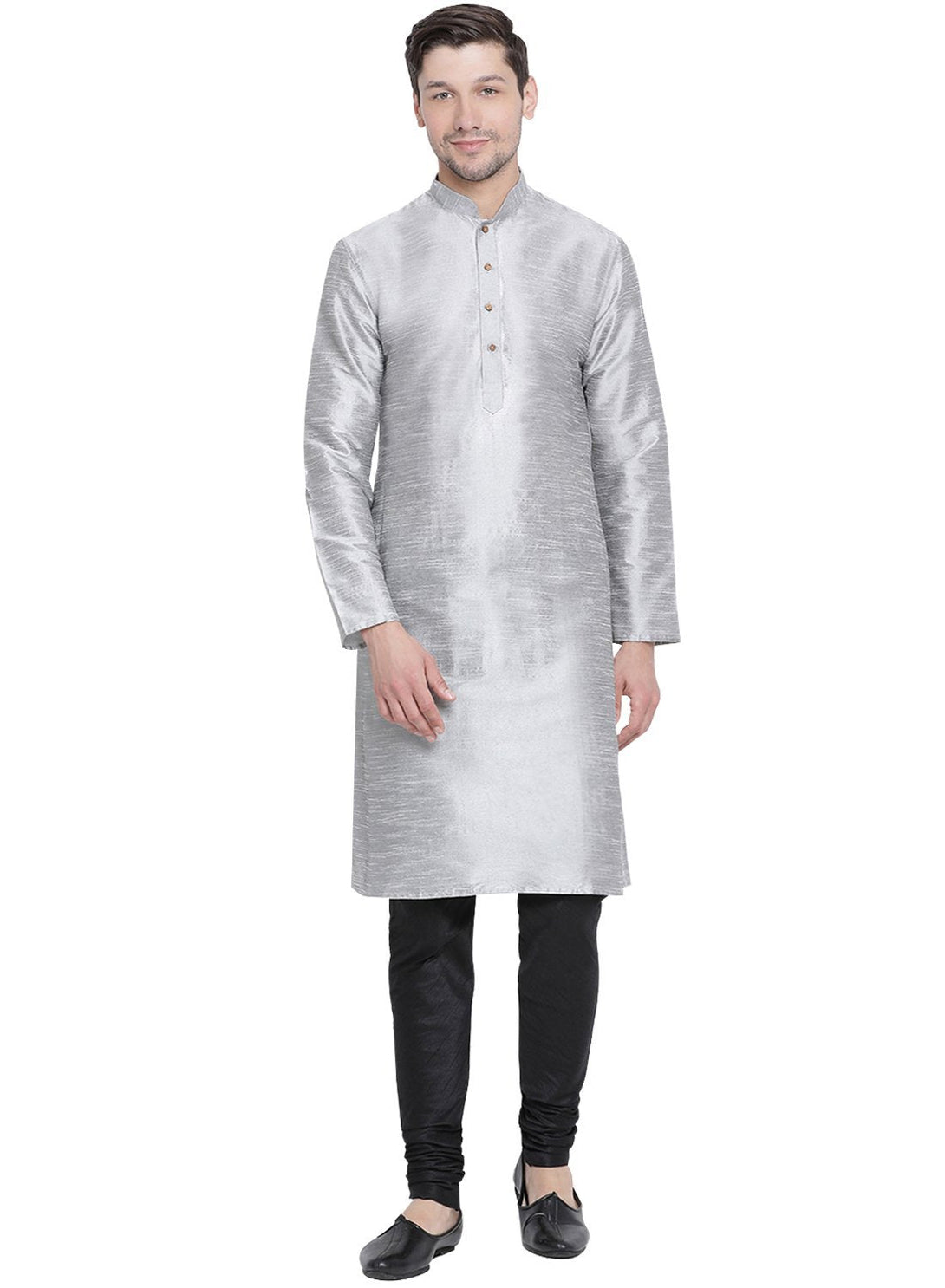 Men's Grey Cotton Silk Blend Kurta and Pyjama Set