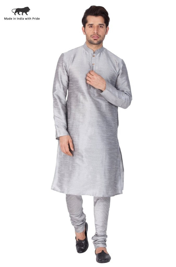 Men's Grey Cotton Silk Blend Kurta and Pyjama Set - Vastramay