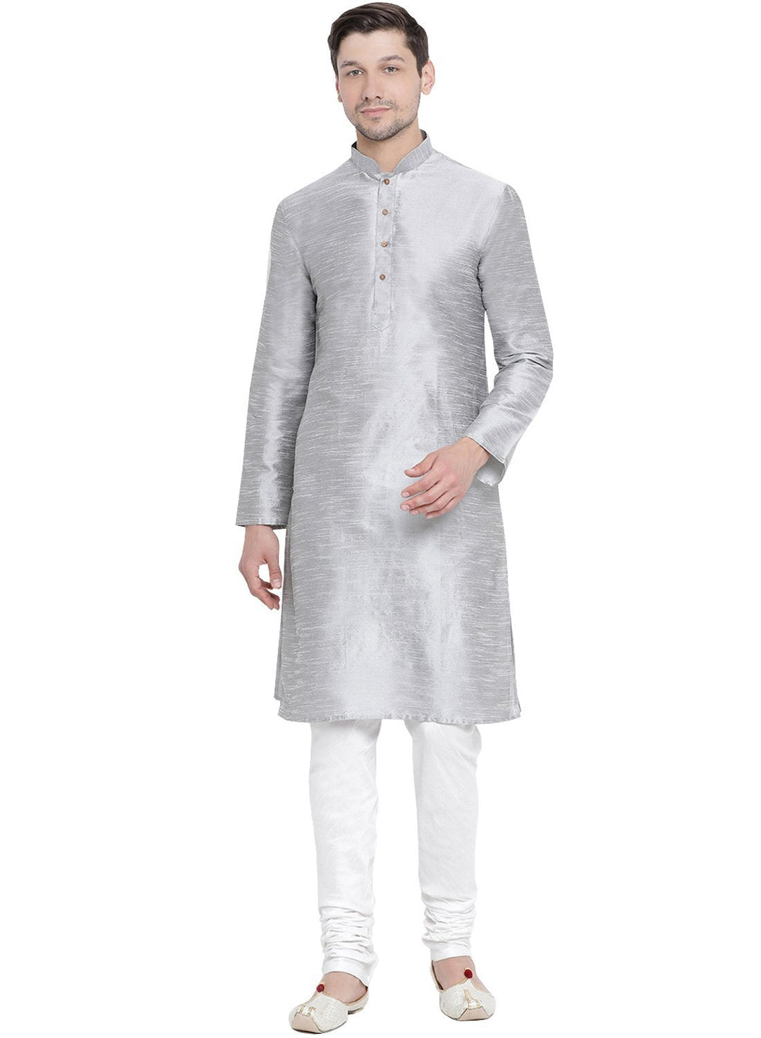 Men's Grey Cotton Silk Blend Kurta and Pyjama Set