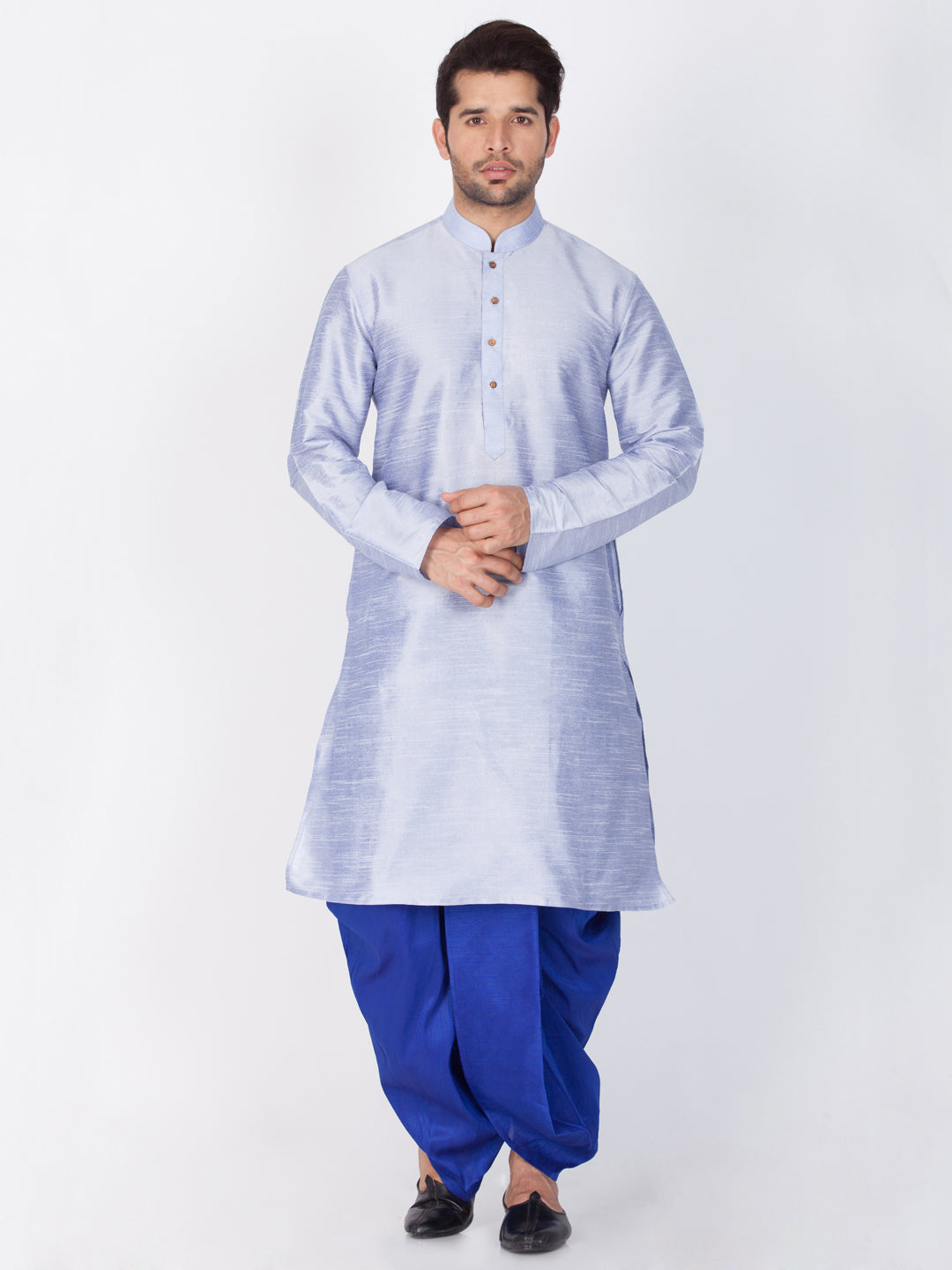 Men's Light Blue Cotton Silk Blend Kurta and Dhoti Pant Set