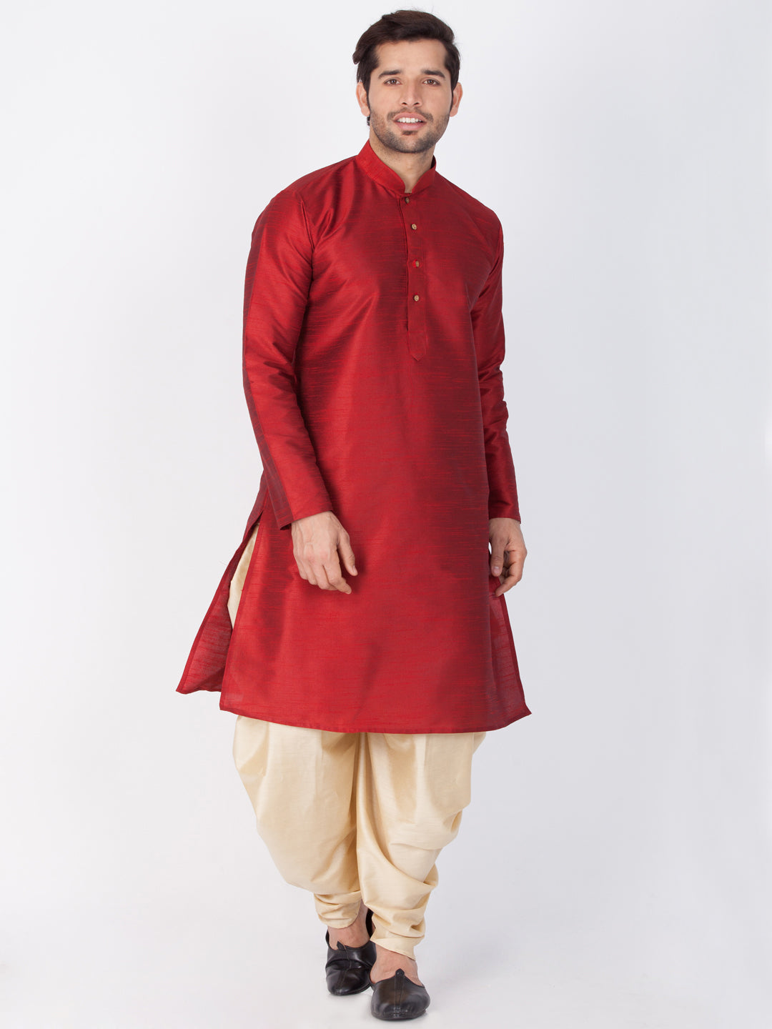 Men's Maroon Cotton Silk Blend Kurta and Dhoti Pant Set