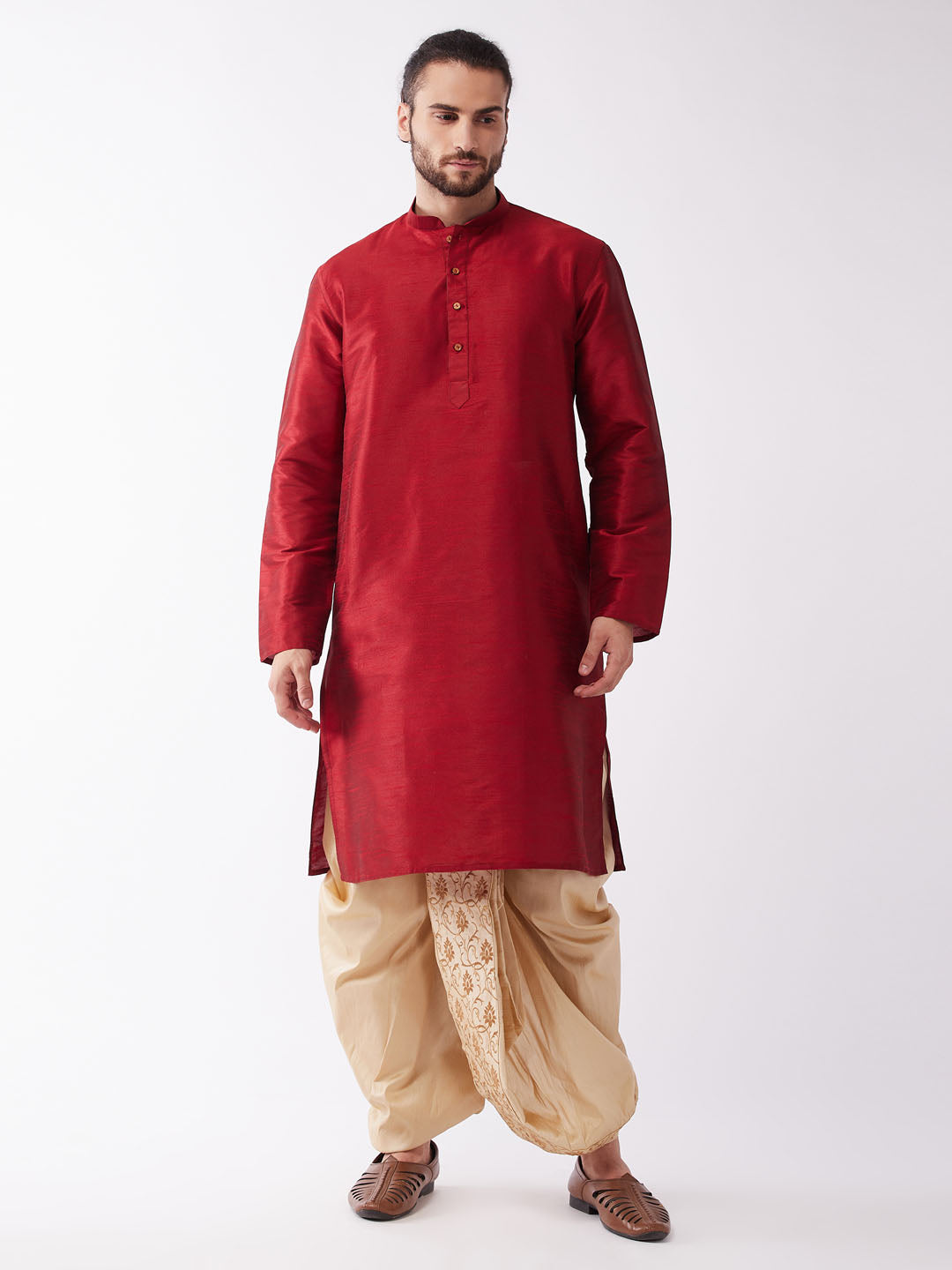 Men's Solid Kurta And Embroidered Traditional Dhoti Set - Vastramay