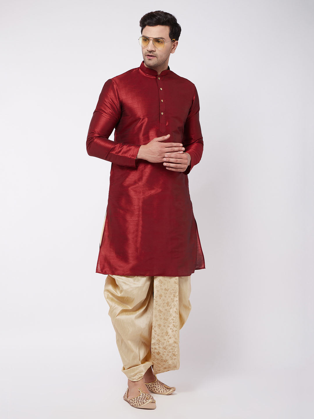 Men's Solid Kurta And Embroidered Traditional Dhoti Set - Vastramay