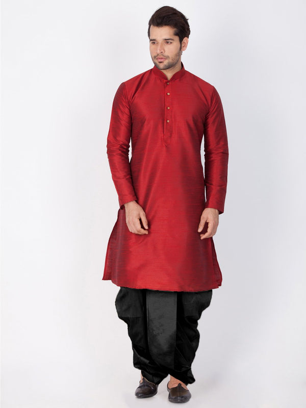 Men's Maroon Cotton Silk Blend Kurta and Dhoti Pant Set - Vastramay