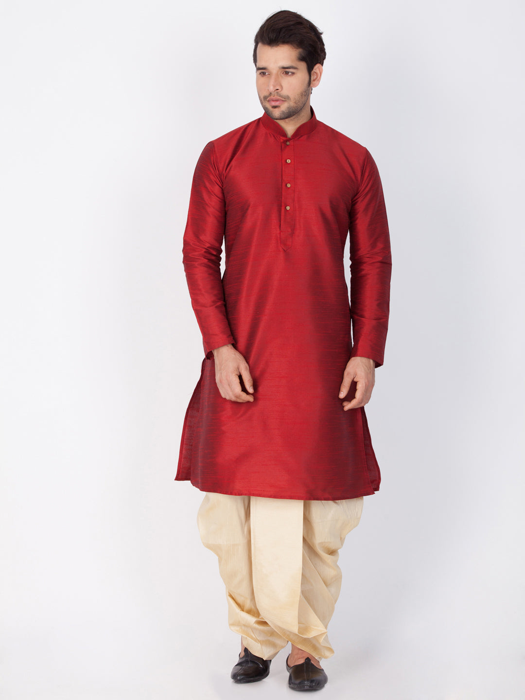 Men's Maroon Cotton Silk Blend Kurta and Dhoti Pant Set