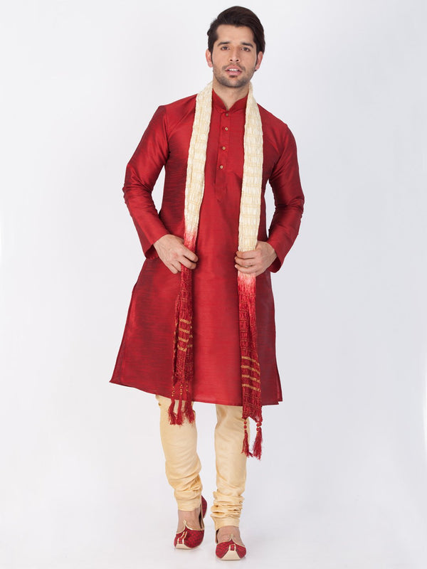 Men's Maroon Cotton Silk Blend Kurta, Pyjama & Dupatta Set - Vastramay