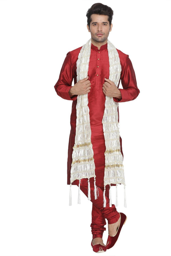 Men's Maroon Cotton Silk Blend Kurta, Pyjama & Dupatta Set - Vastramay