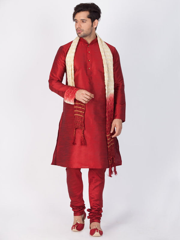 Men's Maroon Cotton Silk Blend Kurta, Pyjama & Dupatta Set - Vastramay