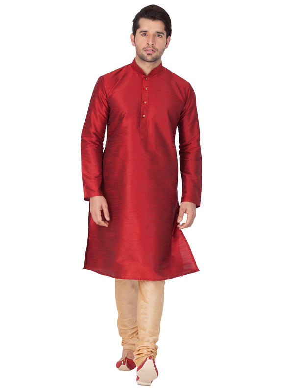 Men's Maroon Cotton Silk Blend Kurta and Pyjama Set - Vastramay