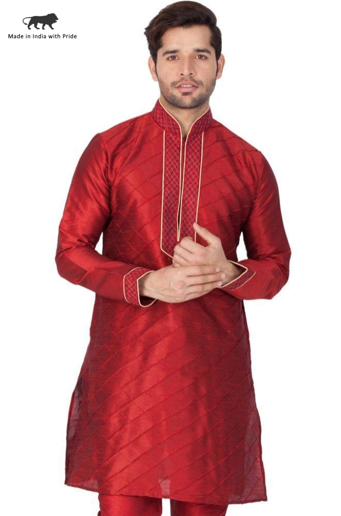 Men's Maroon Cotton Silk Blend Kurta