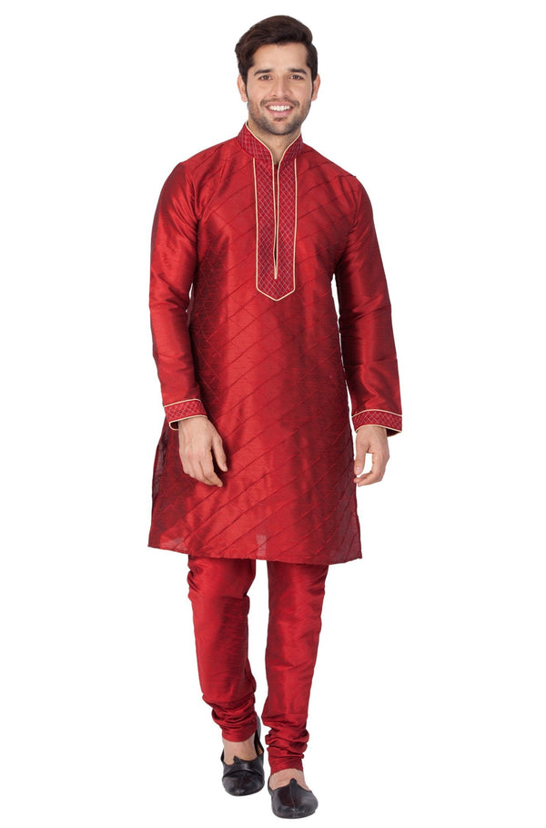 Men's Maroon Cotton Silk Blend Kurta and Pyjama Set - Vastramay