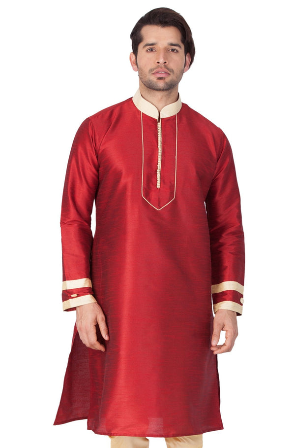 Men's Maroon Cotton Silk Blend Kurta - Vastramay