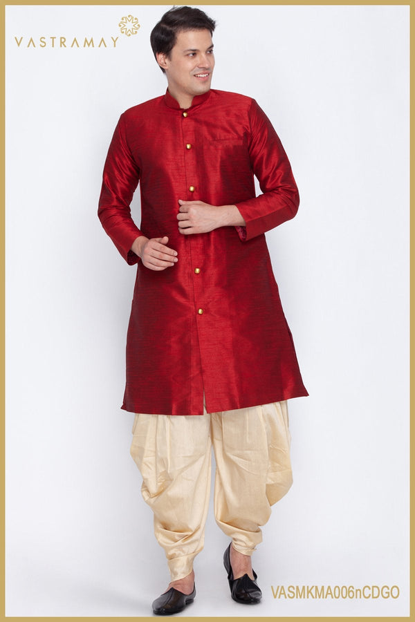 Men's Maroon Cotton Silk Blend Sherwani Set - Vastramay