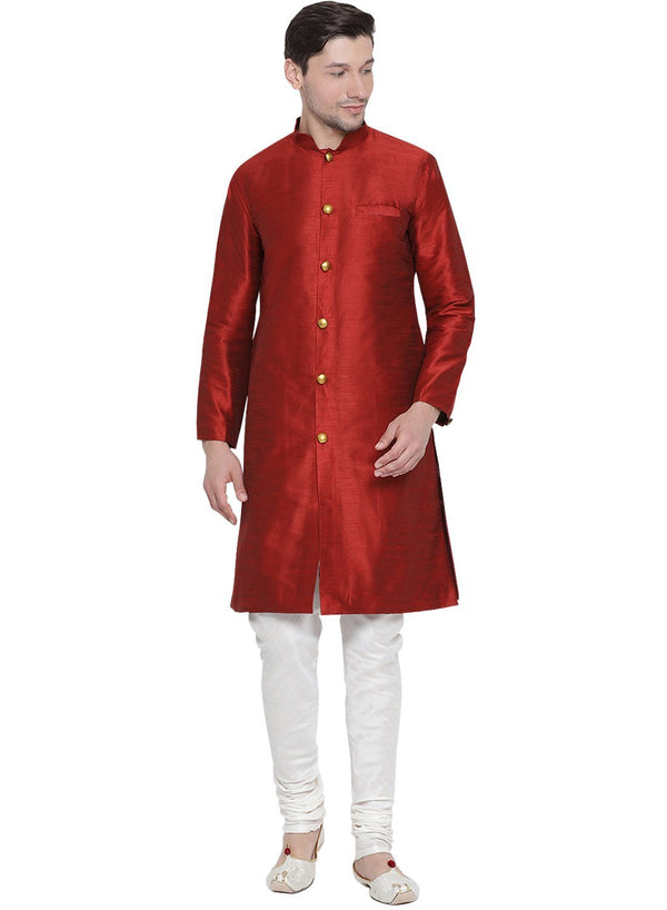 Men's Maroon Cotton Silk Blend Kurta and Pyjama Set - Vastramay