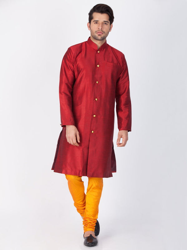 Men's Maroon Cotton Silk Blend Sherwani Set - Vastramay