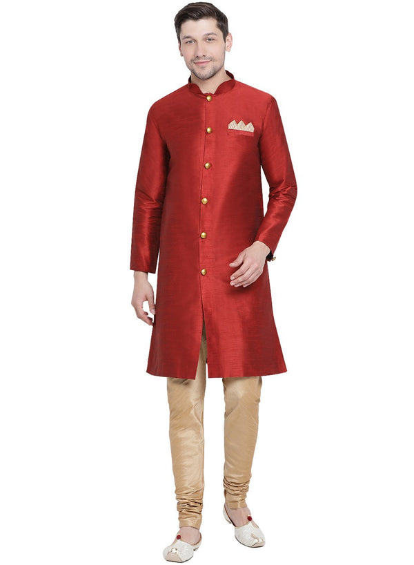 Men's Maroon Cotton Silk Blend Kurta and Pyjama Set - Vastramay