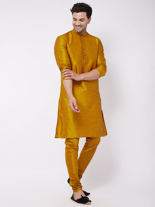 Jashvi Men's Mustard Solid Silk Blend Kurta Pyjama Set