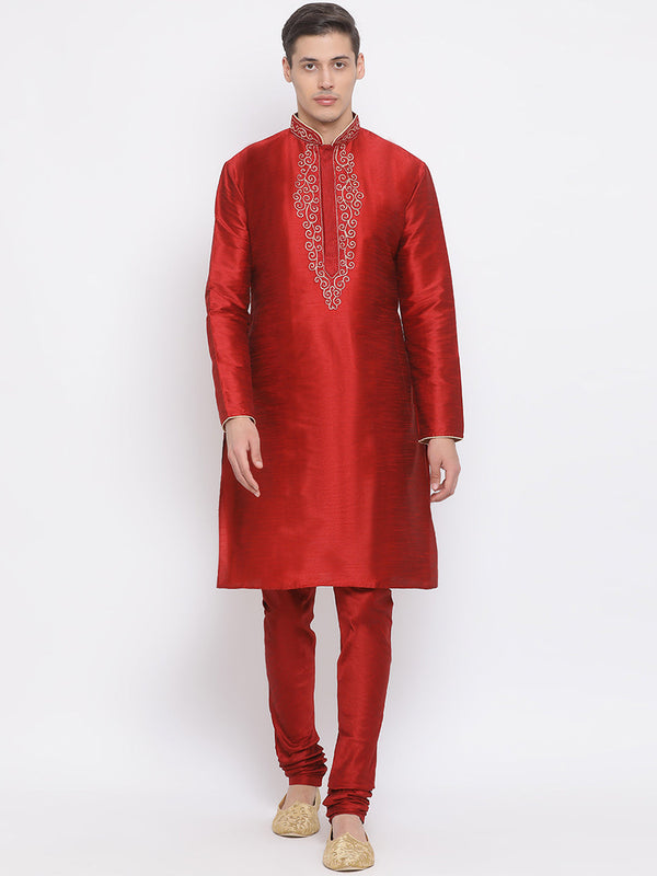 Jashvi Men's Maroon Silk Blend Kurta and Maroon Pyjama Set