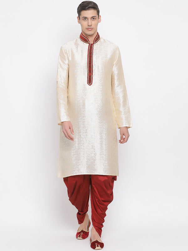 Jashvi Men's Gold Silk Blend Kurta and Maroon Dhoti Set