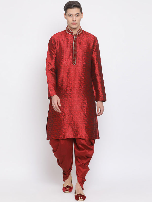 Jashvi Men's Maroon Silk Blend Kurta and Maroon Dhoti Set