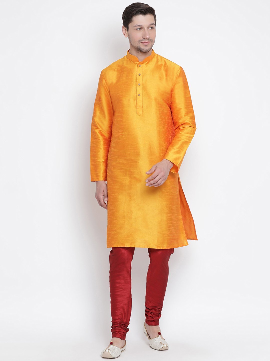 Men's Orange Cotton Silk Blend Kurta and Pyjama Set