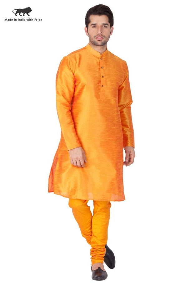 Men's Orange Cotton Silk Blend Kurta and Pyjama Set - Vastramay