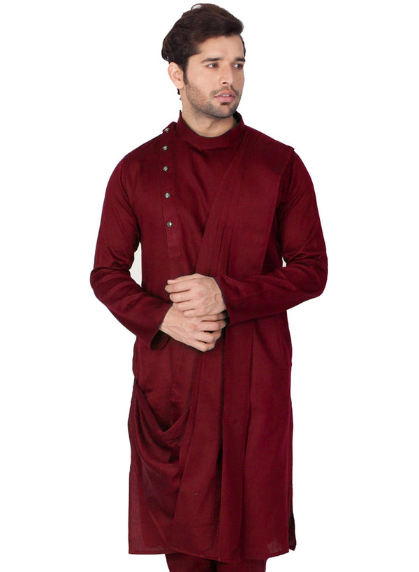 Men's Maroon Cotton Kurta and Pyjama Set - Vastramay