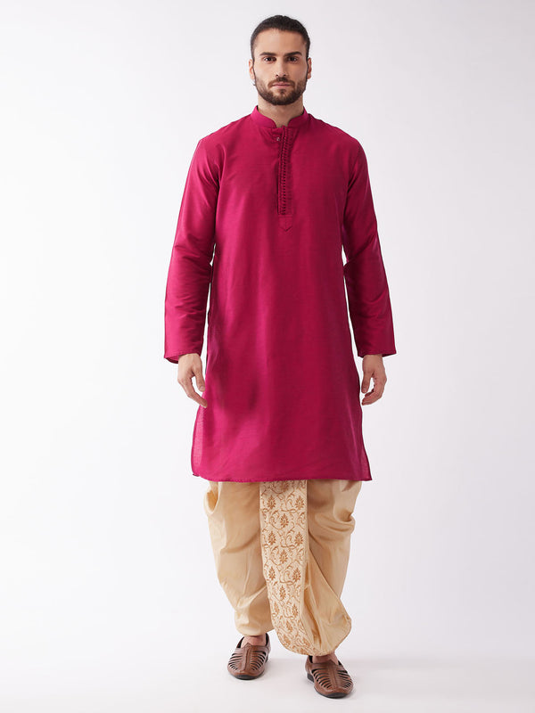 Jashvi Men's Fuchsia Pink And Gold Cotton Silk Blend Kurta And Dhoti Set