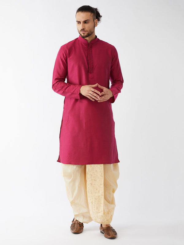 Jashvi Men's Fuchsia Pink And Gold Cotton Silk Blend Kurta And Dhoti Set